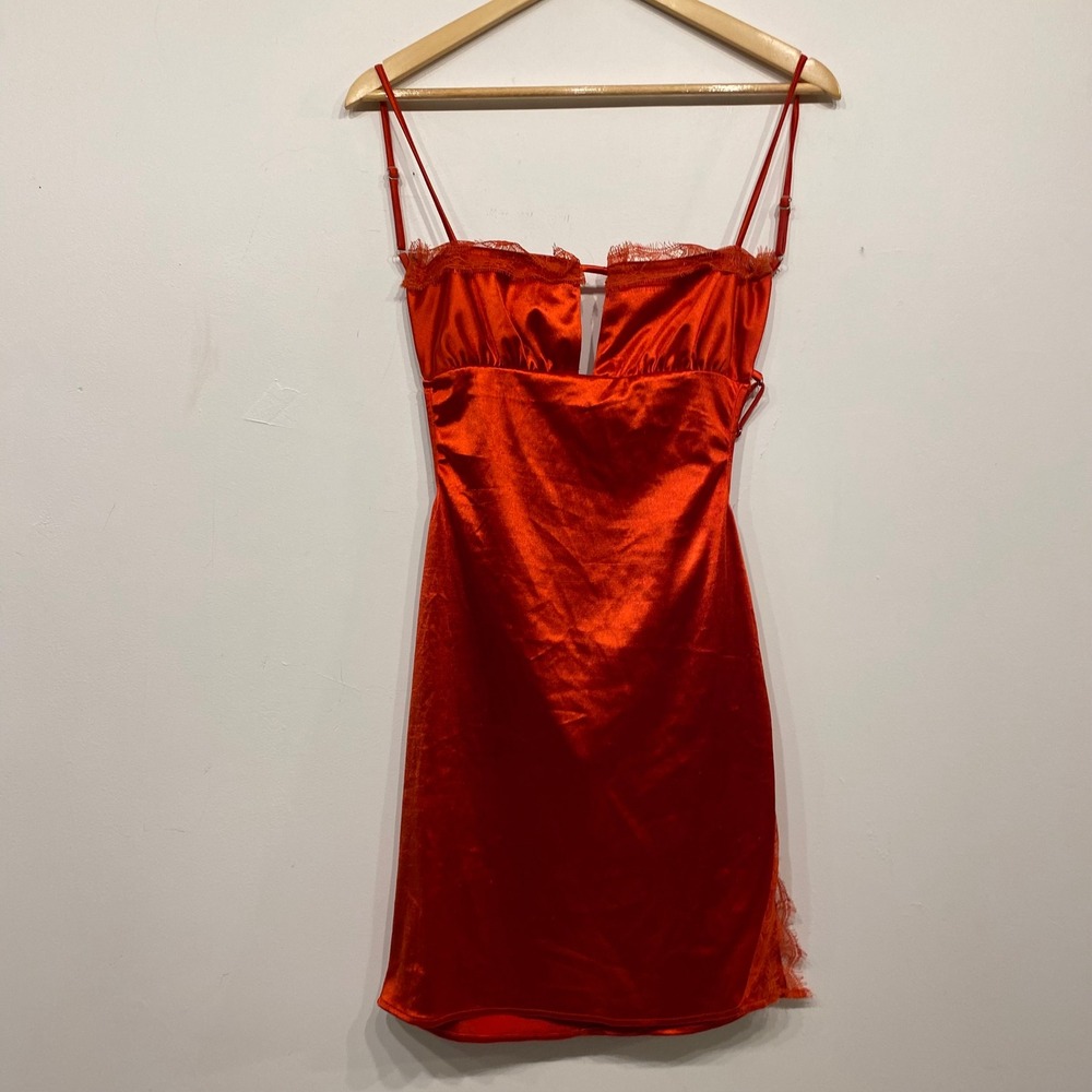 Better Be Red Satin Lace Trim Open Back Mini Dress Womens Large Sexy Night Out